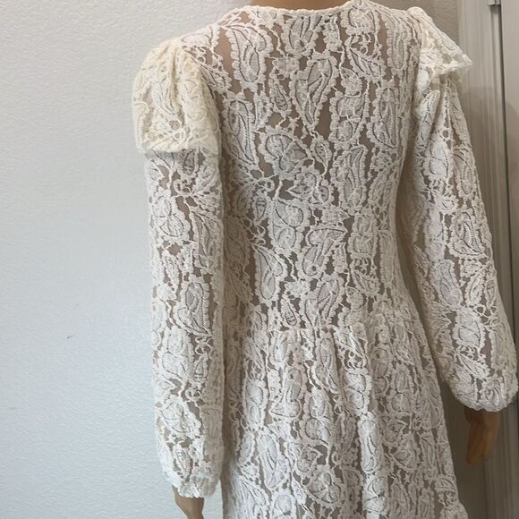 Zara White Cream Lace Mini Dress Size Small Scoop Neck Long Sleeve Ruffles - Picture 6 of 9